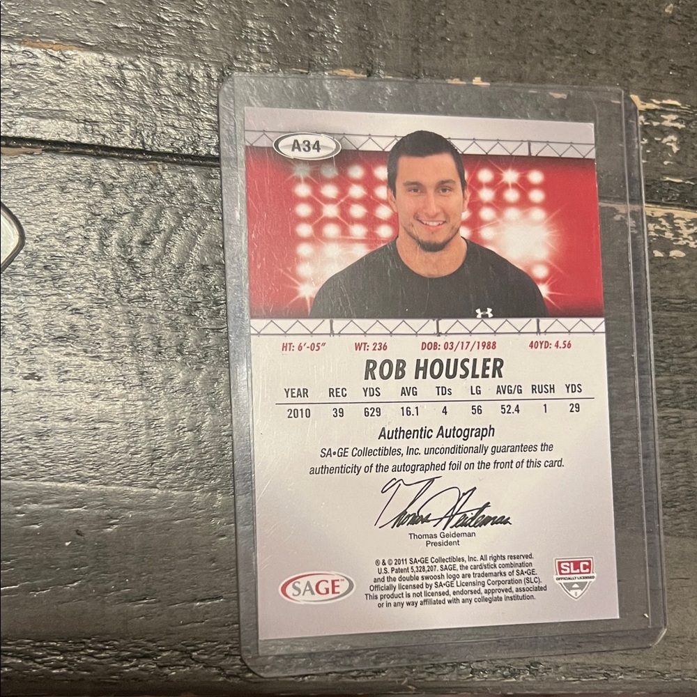 ROB HOUSLER Sage Red and White Autographed Football Card